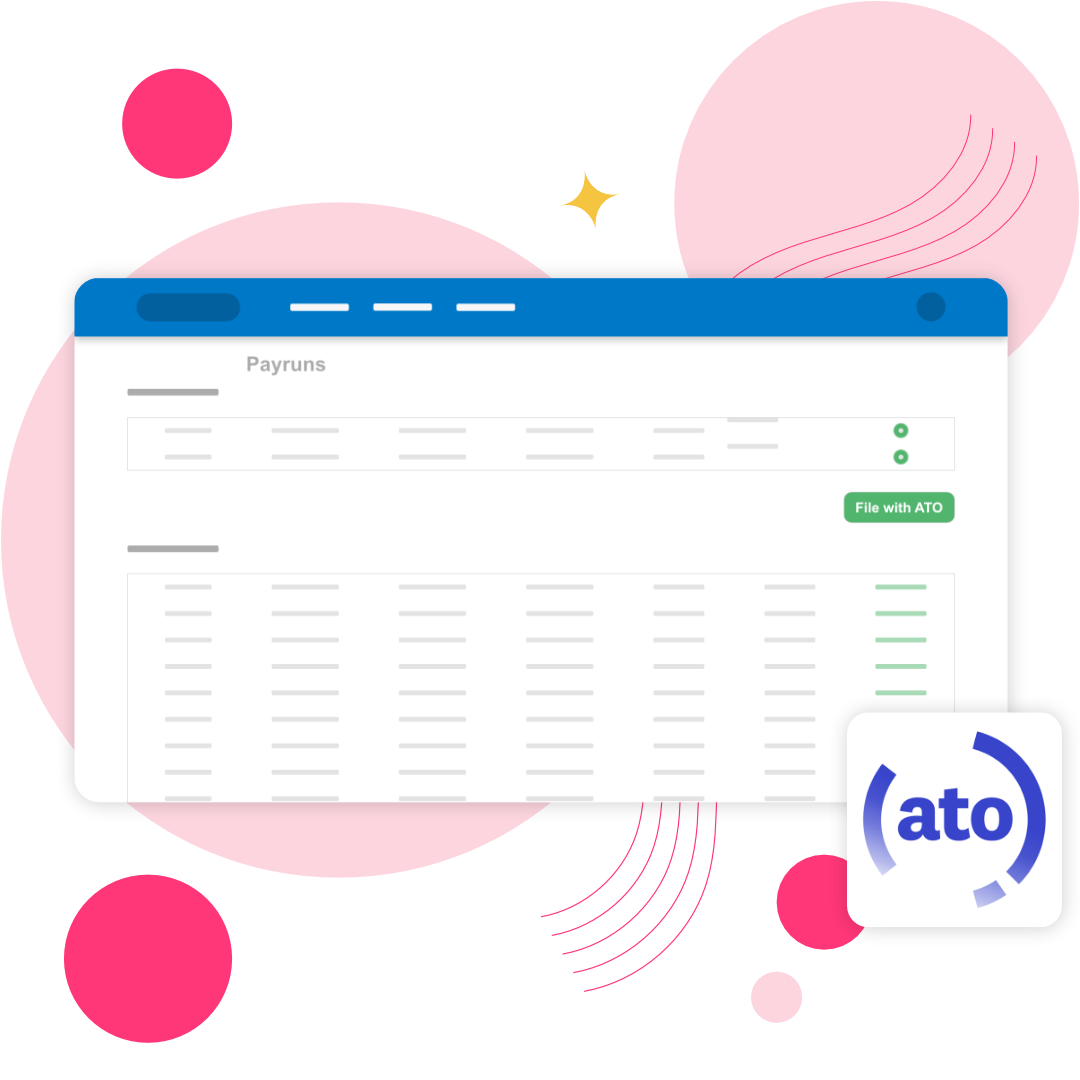 Illustration of processed payruns in Xero alongside ATO app icon