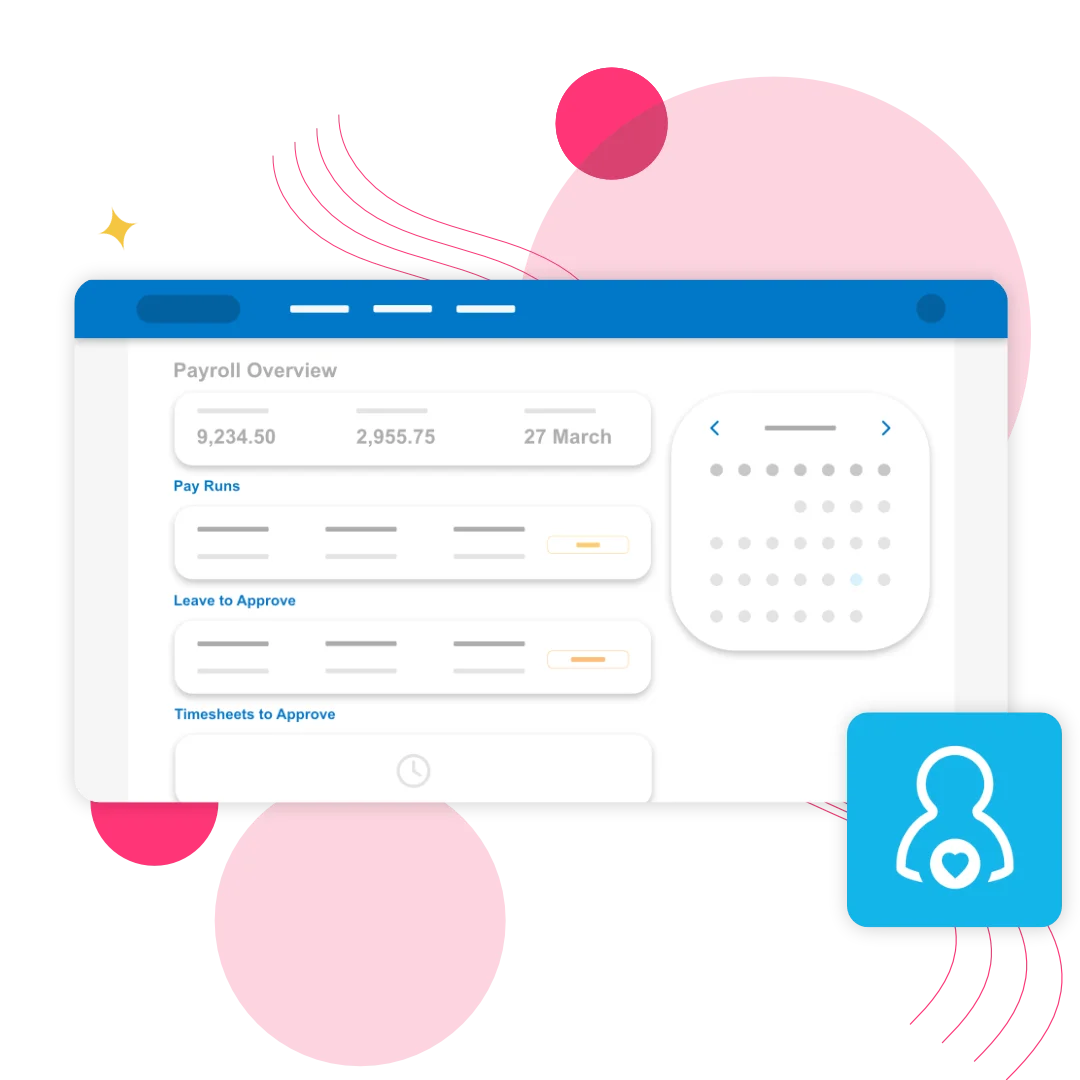 Illustration of payroll dashboard in Xero alongside Xero ME app icon
